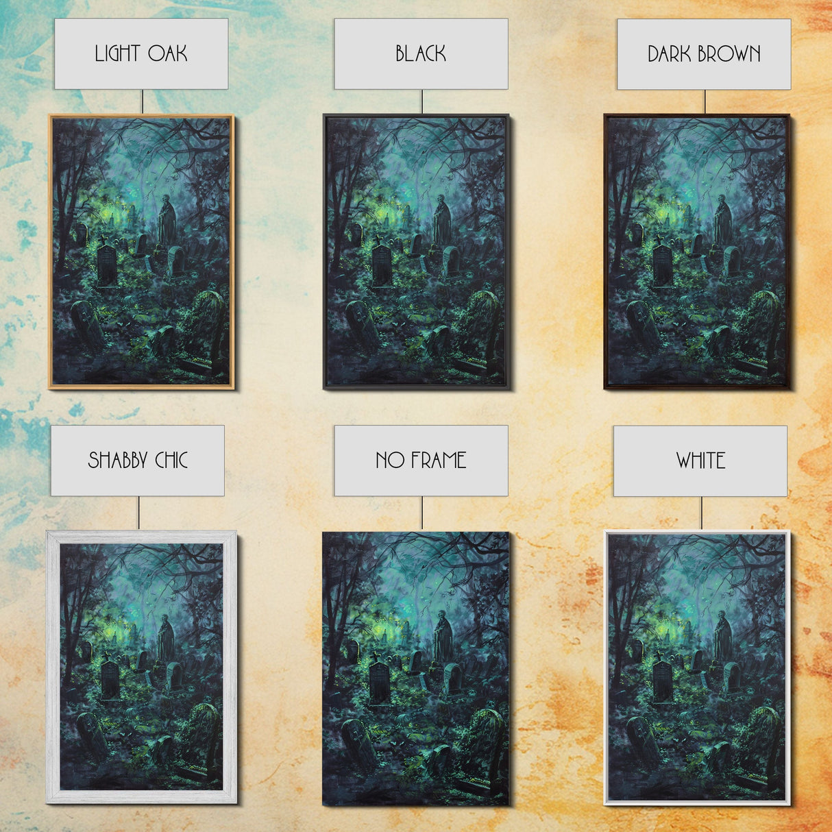 Spooky Cemetery with Glowing Lights Framed Canvas Print, Wall Art, Halloween Graveyard Art, Eerie Home Decor, Haunted Forest Painting