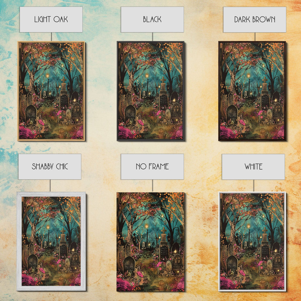 Gate to Haunted Cemetery Framed Canvas Print, Wall Art, Spooky Graveyard Art, Eerie Home Decor, Halloween Forest Painting, Spooky Graveyard