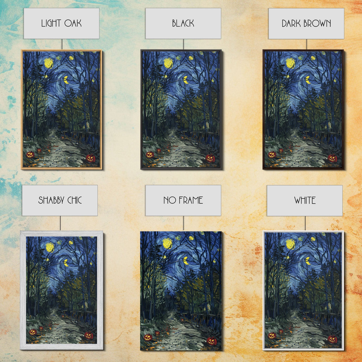 Dark Forest Path with Pumpkins Framed Canvas Print, Halloween Wall Art, Starry Night Inspired, Home Decor, Spooky Art, Living Room Decor