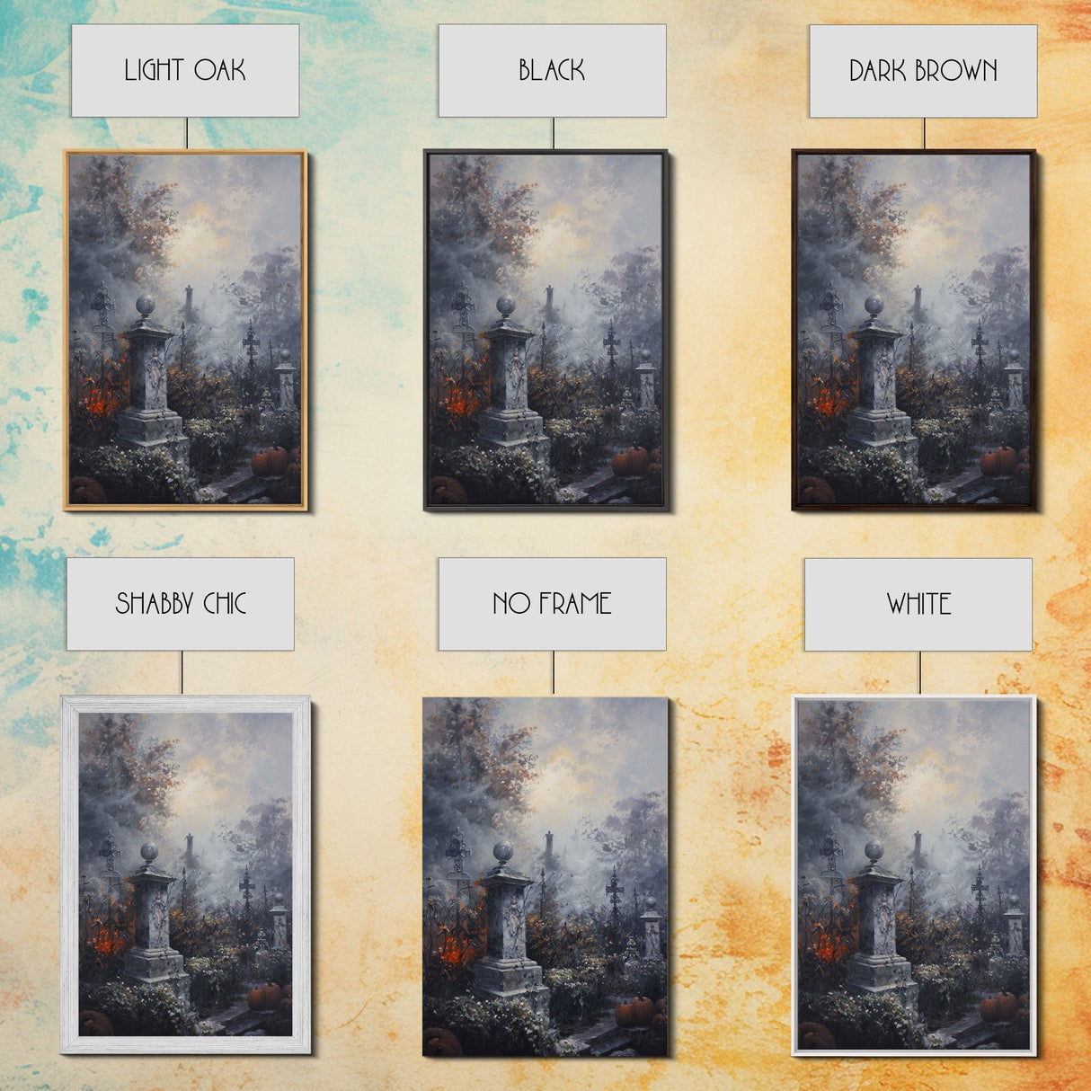 Gothic Cemetery with Statues Framed Canvas Print, Halloween Wall Art, Haunted Graveyard, Home Decor, Spooky Art, Living Room Decor, Gothic