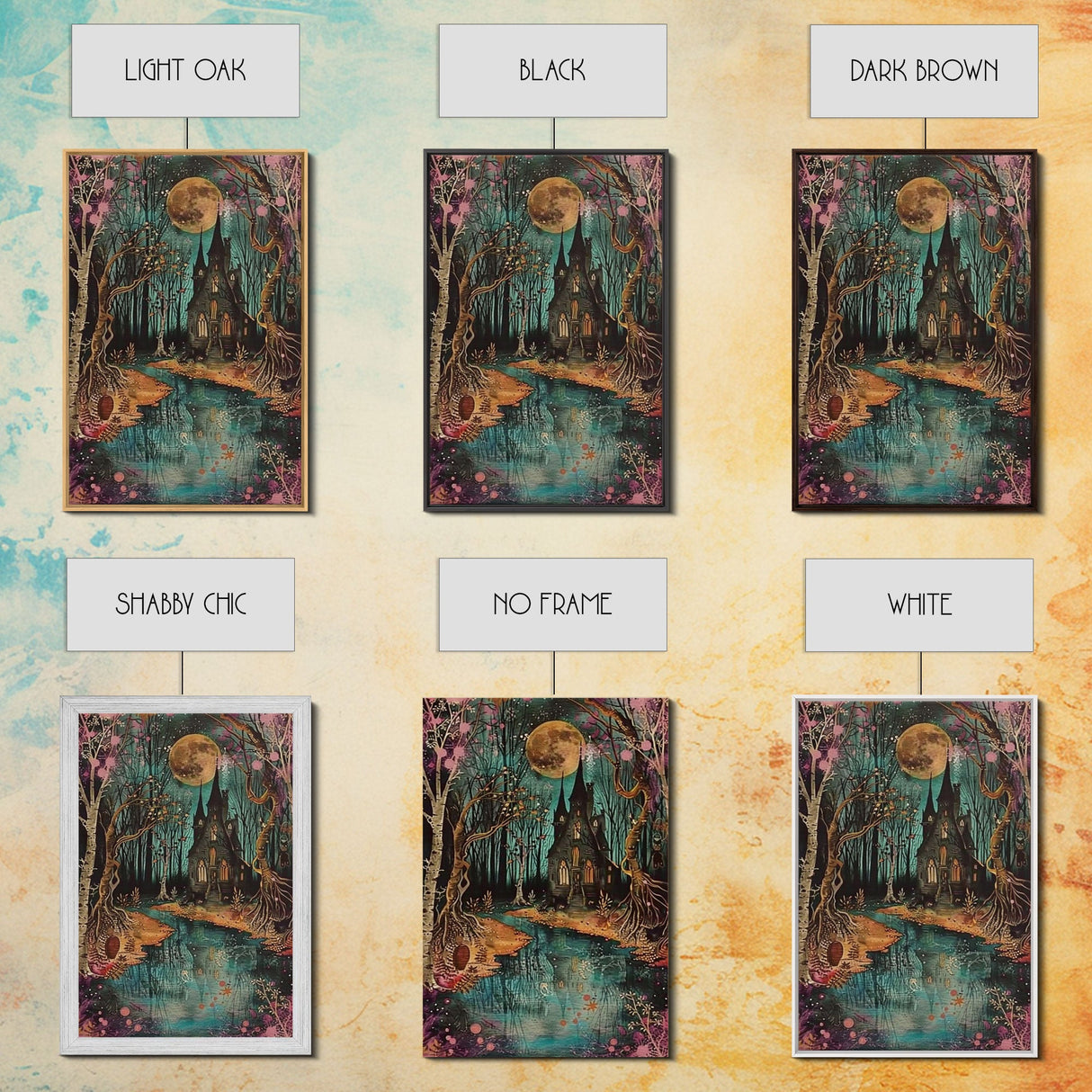 Haunted Castle by the Lake Framed Canvas Print, Halloween Wall Art, Spooky Art, Home Decor, Living Room Decor, Gothic Artwork, Creepy Castle