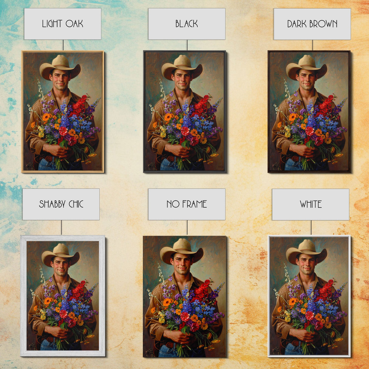 Handsome Cowboy with Wildflowers - Framed Canvas Print, Western Living Room Art, Rustic Bedroom Decor, Cowboy Art, Wall Art