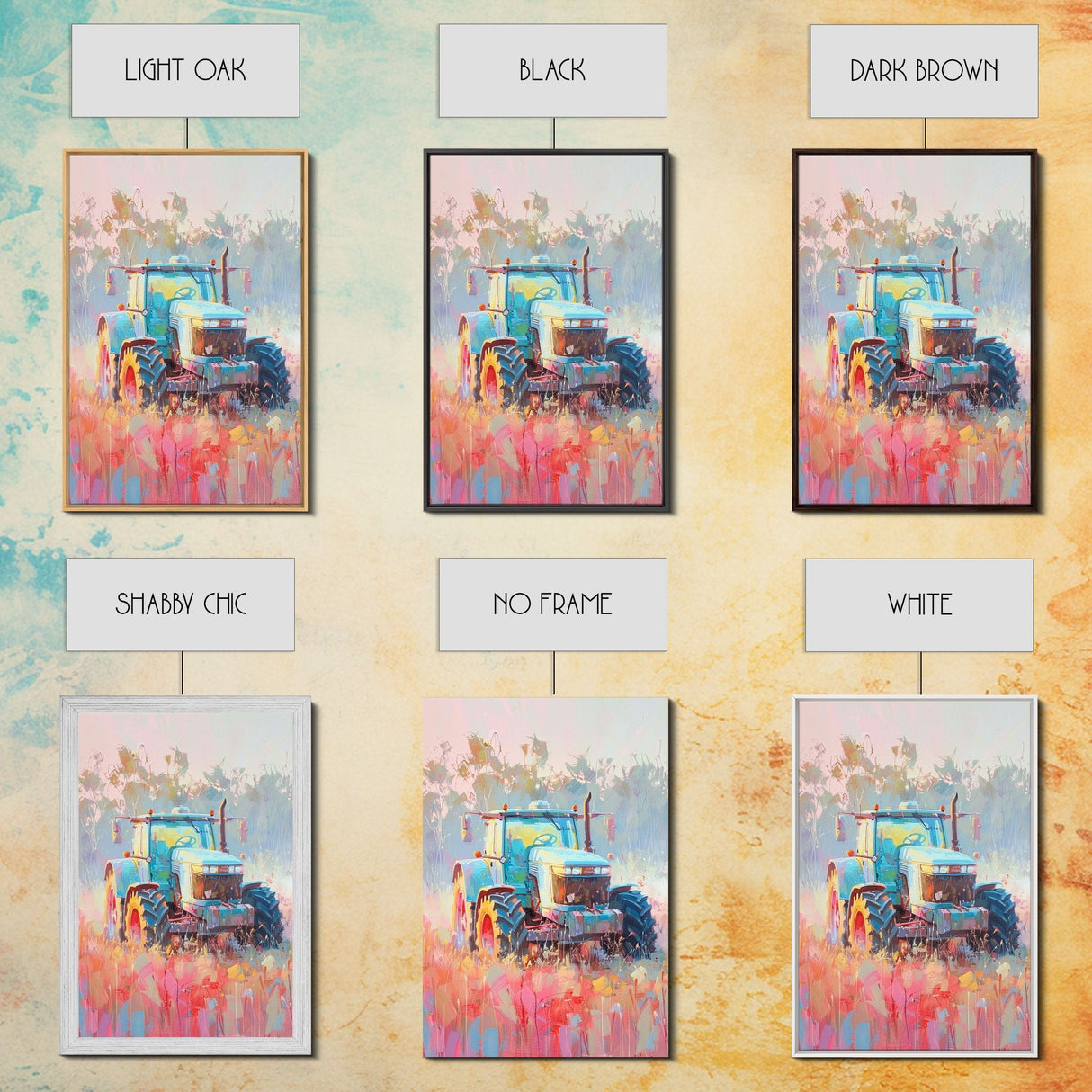 Farm Tractor in Vibrant Meadow - Framed Canvas Print, Countryside Living Room Art, Pastel Bedroom Decor, Rural Art, Wall Art