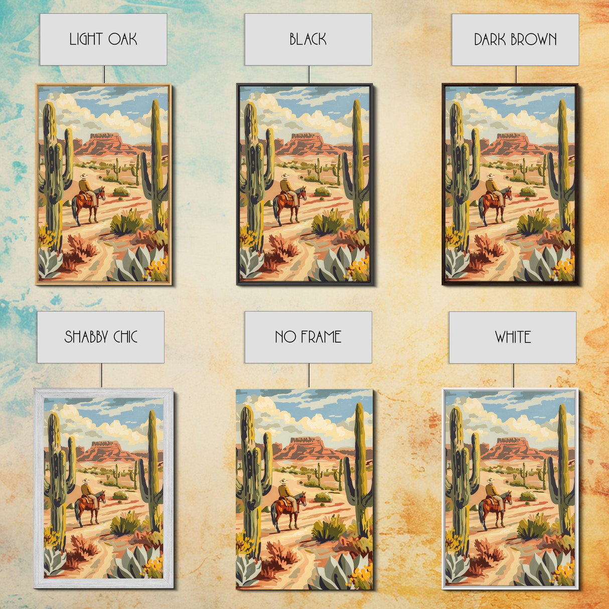 Cowboy Riding in Desert Landscape with Cacti - Framed Canvas Print, Western Art, Southwestern Decor, Desert Scene Wall Art for Home