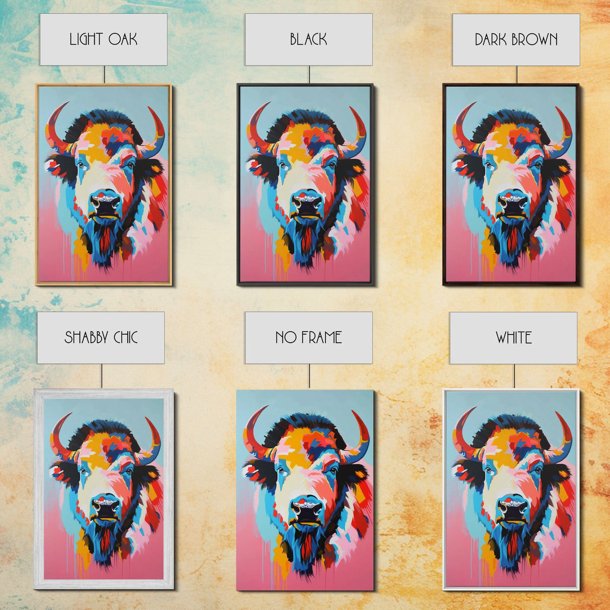 Colorful Bison Head in Pop Art Style - Framed Canvas Print, Animal Decor, Bison Art for Bedroom, Vibrant Wall Art for Living Room