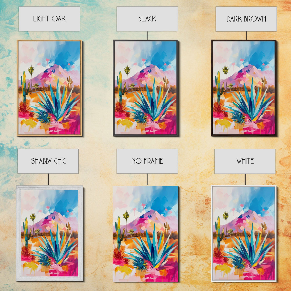 Vibrant Desert Landscape Art - Framed Canvas Print, Southwestern Decor, Modern Living Room Wall Art, Colorful Cactus and Mountains