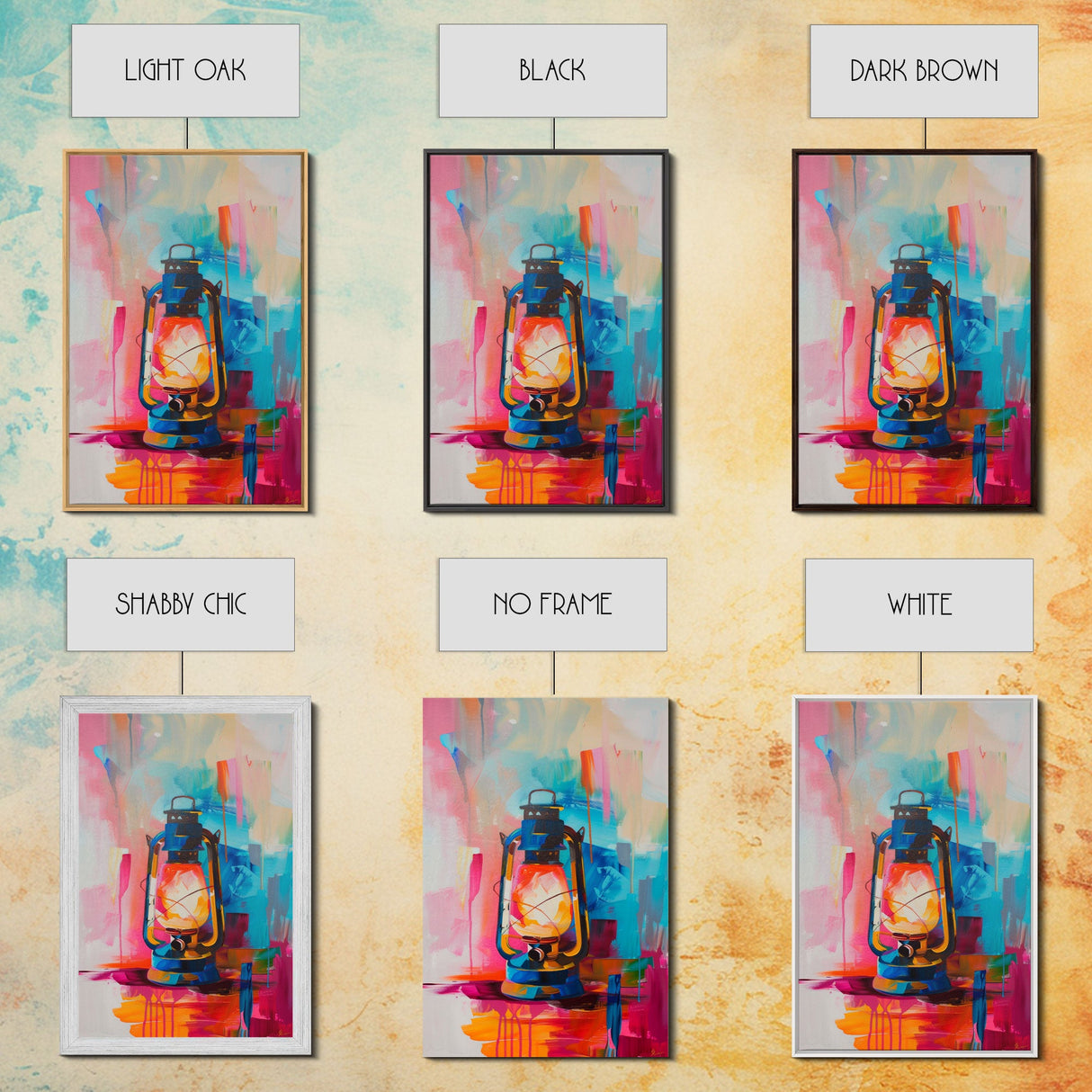 Brightly Painted Oil Lamp - Framed Canvas Print, Vibrant Western Art, Rustic Lamp Wall Art for Living Room Decor