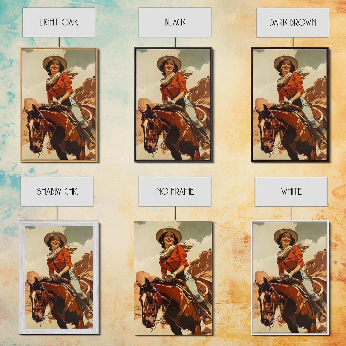 Smiling Cowgirl Riding Through Desert | Framed Canvas Print | Western Wall Art | Living Room Decor | Rustic Home Decor