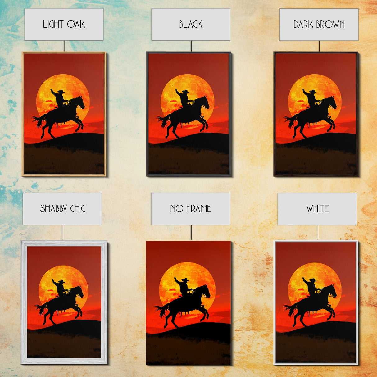 Cowboy Silhouette on Horseback at Sunset | Framed Canvas Print | Western Landscape Art | Rustic Cowboy Wall Art for Living Room