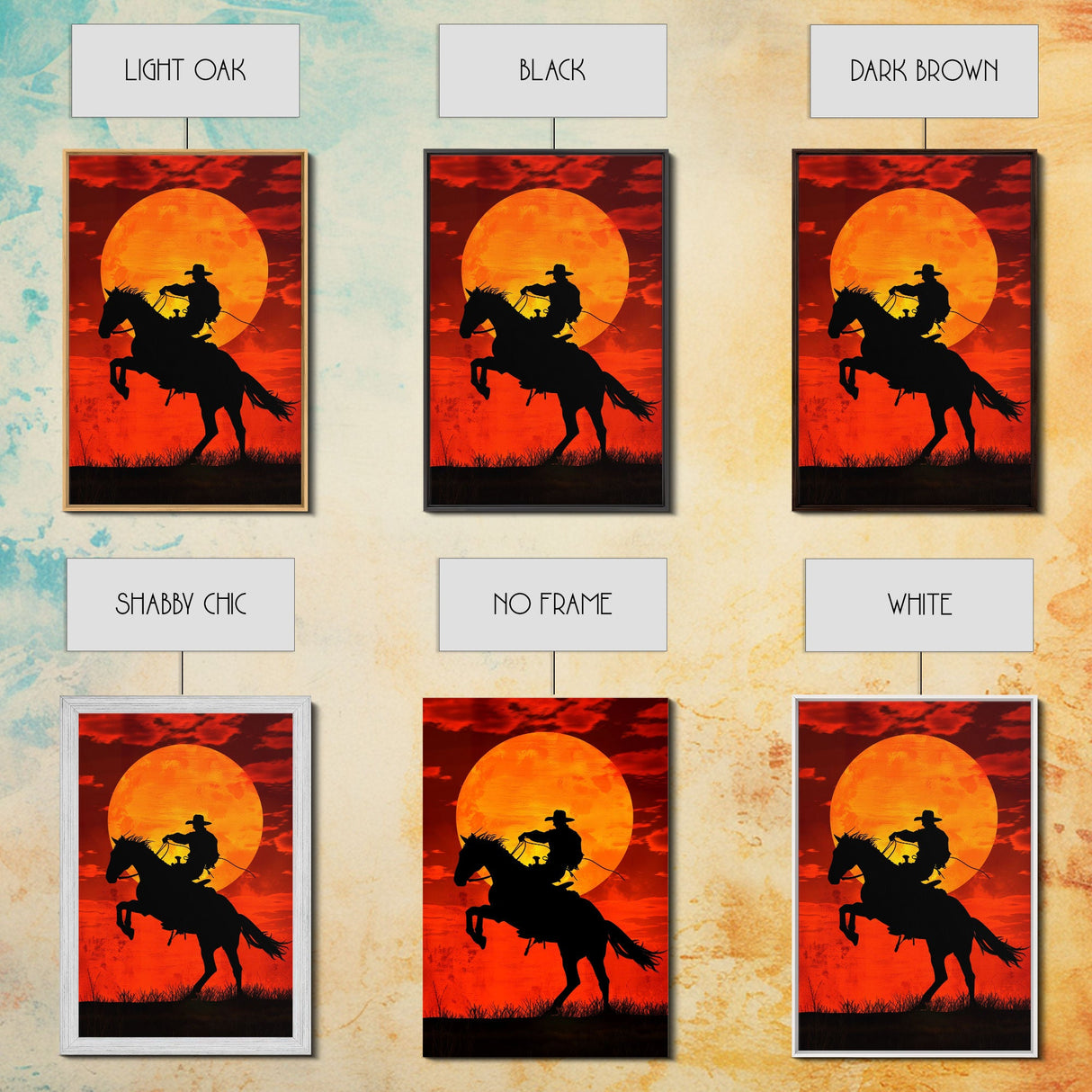 Cowboy Riding Horse into the Sunset | Framed Canvas Print | Western Silhouette Art | Rustic Cowboy Wall Art for Living Room