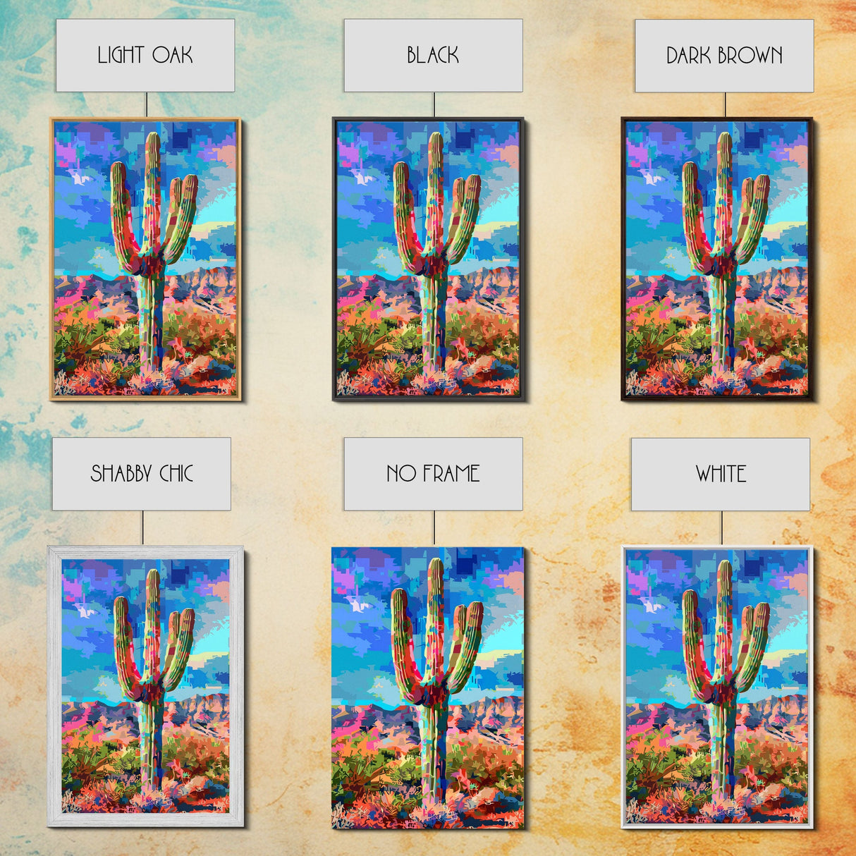 Majestic Saguaro Cactus in Colorful Desert Landscape - Framed Canvas Print, Vibrant Southwest Decor, Living Room Art, Cactus Wall Art