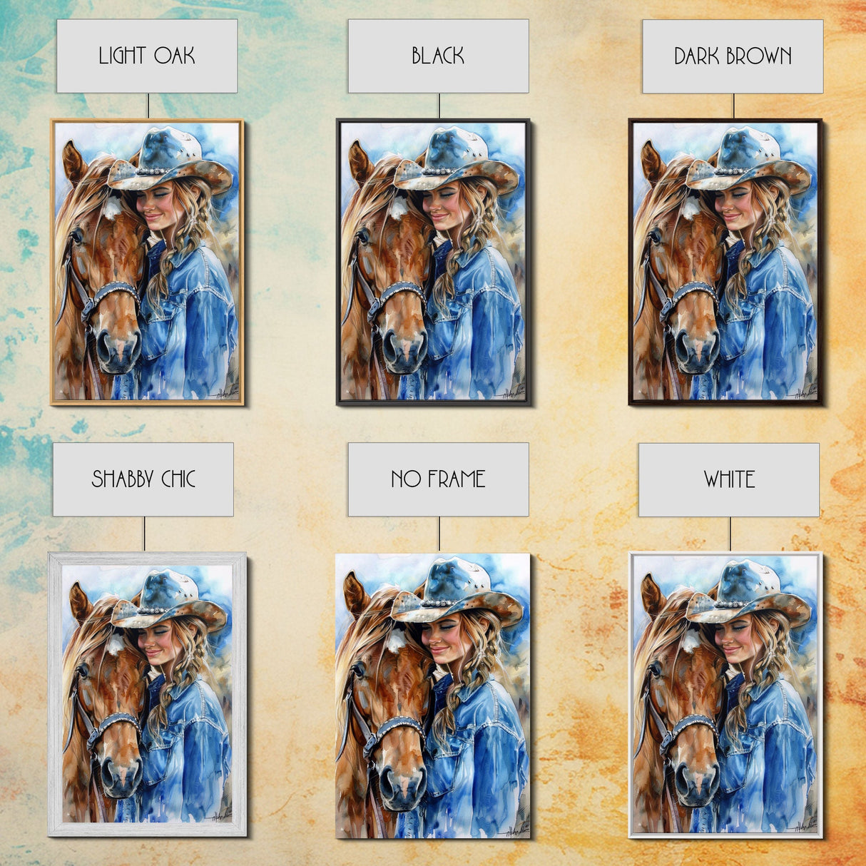 Cowgirl with Horse in Denim Outfit - Framed Canvas Print, Western Wall Art, Rustic Decor, Living Room and Bedroom Art Print