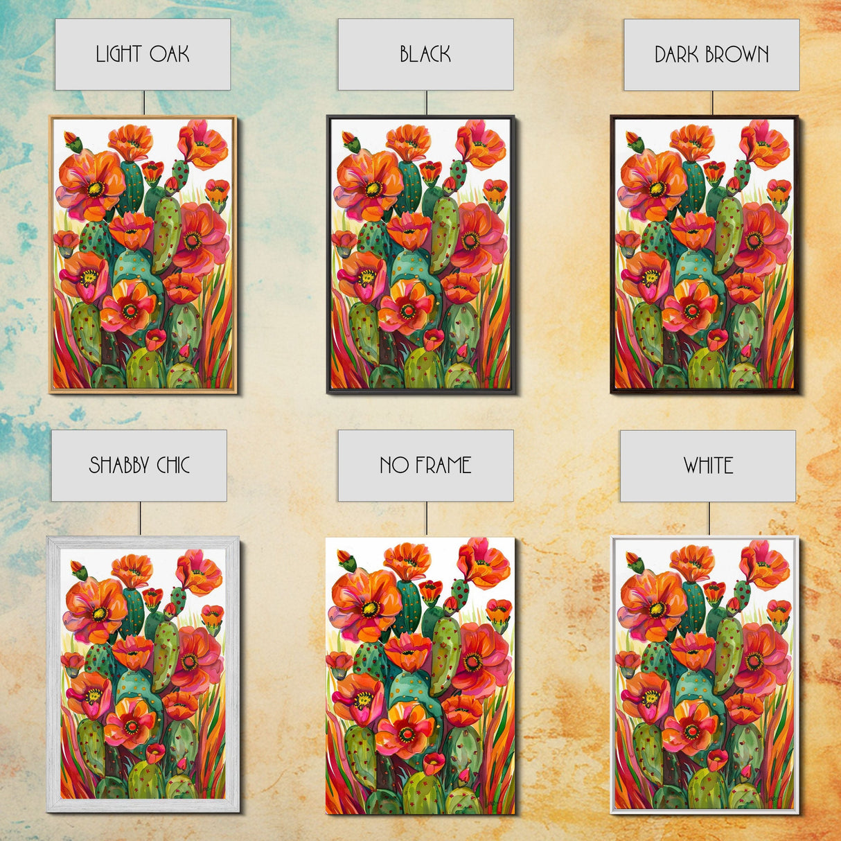 Vibrant Desert Cactus and Flowers, Living Room or Bedroom Wall Art, Framed Canvas Print for Home Decor, Botanical Artwork