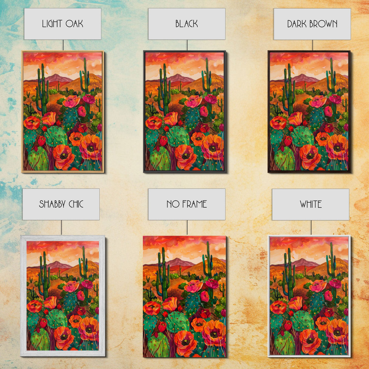 Southwest Desert Landscape with Cacti and Flowers, Colorful Wall Art for Living Room or Bedroom, Framed Canvas Print