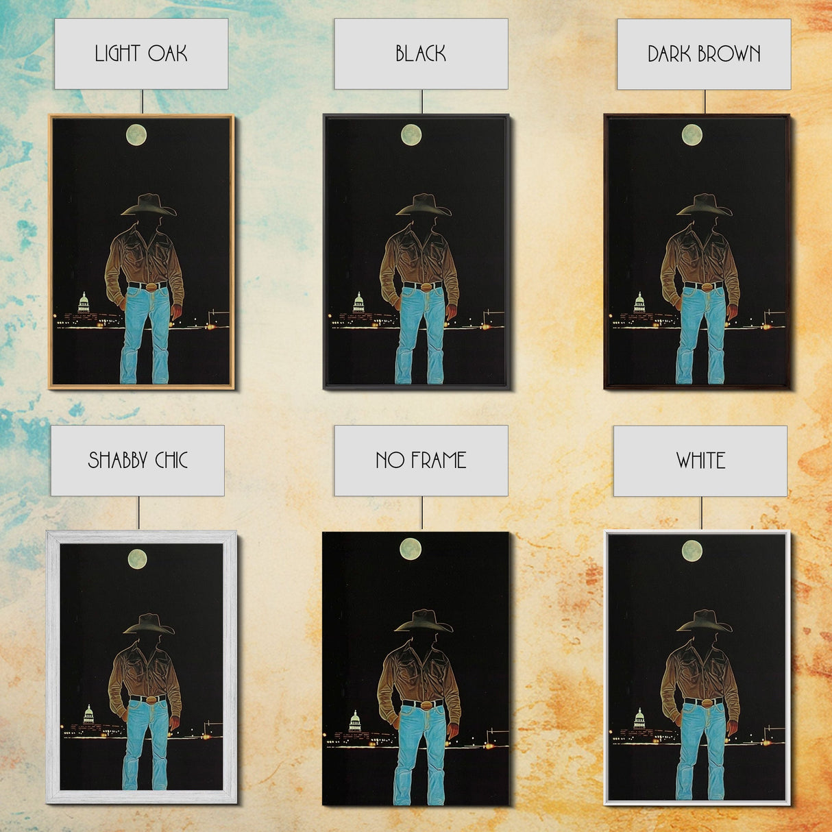 Cowboy Under the Moon Print - Framed Canvas Wall Art, Rustic Western Decor, Nighttime Cowboy Artwork for Living Room, Western Night Sky