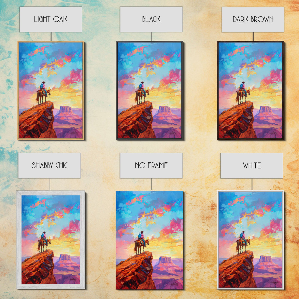 Cowboy on Horseback Overlooking Canyon - Vibrant Western Landscape Art, Sunset Painting, Living Room Decor, Cowboy Canvas Print