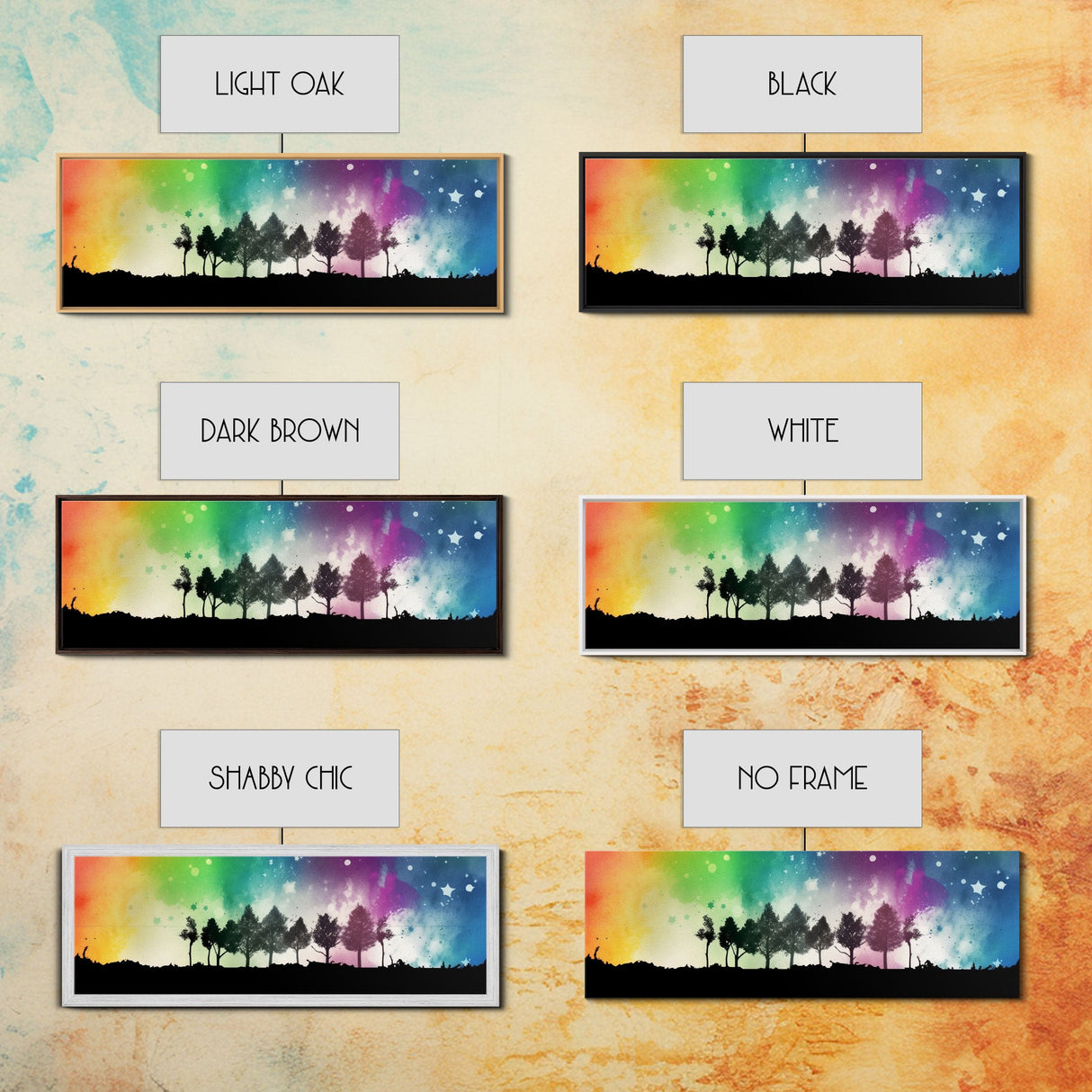 Large Abstract Art Print, Colorful Watercolor Sky, Silhouette Trees, Tie Die Sky, Framed Canvas Print, Panoramic, Wall Art, Canvas Print