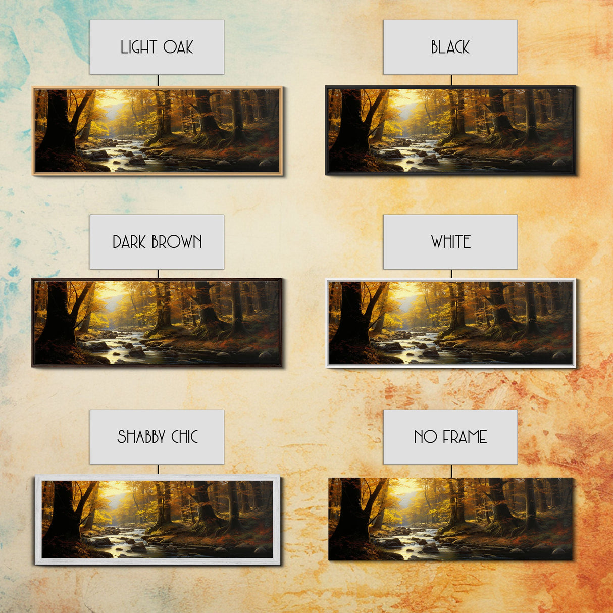 The Forest In The Autumn, Fall Centerpiece, Panoramic Painting Framed Canvas Print, Fall Decor, Orange Leaves Falling In The Forest