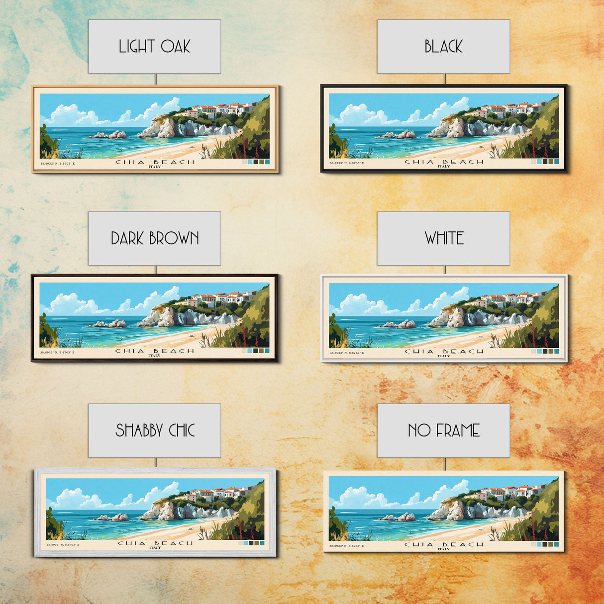 Chia Beach, Italy Panoramic Beach Print, Vacation Gift, Italy Wall Art, Framed Canvas Print, Framed Beach Painting