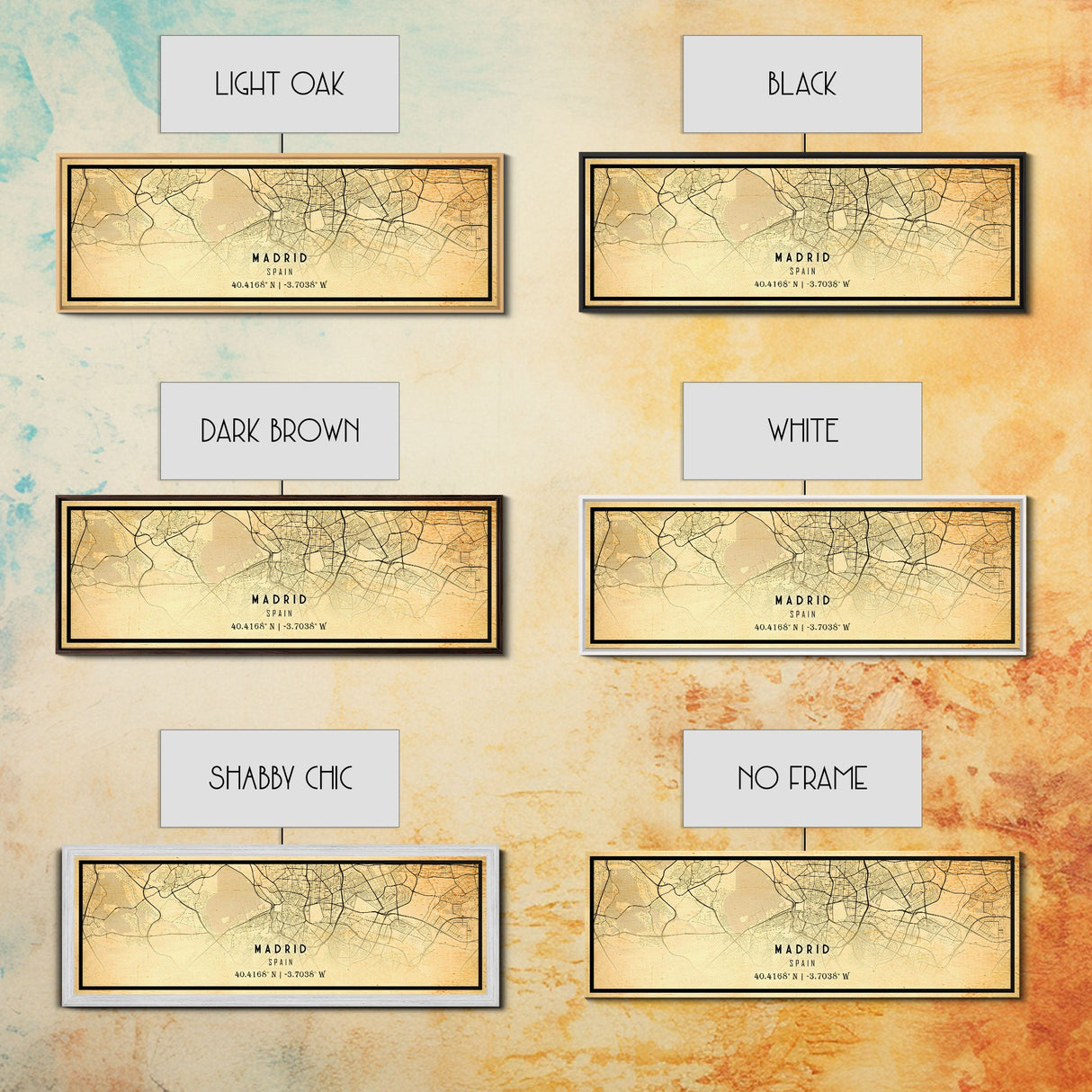 Panoramic Madrid Spain map print poster or framed canvas, Madrid map print poster canvas, city map print poster canvas, Vintage Travel Art