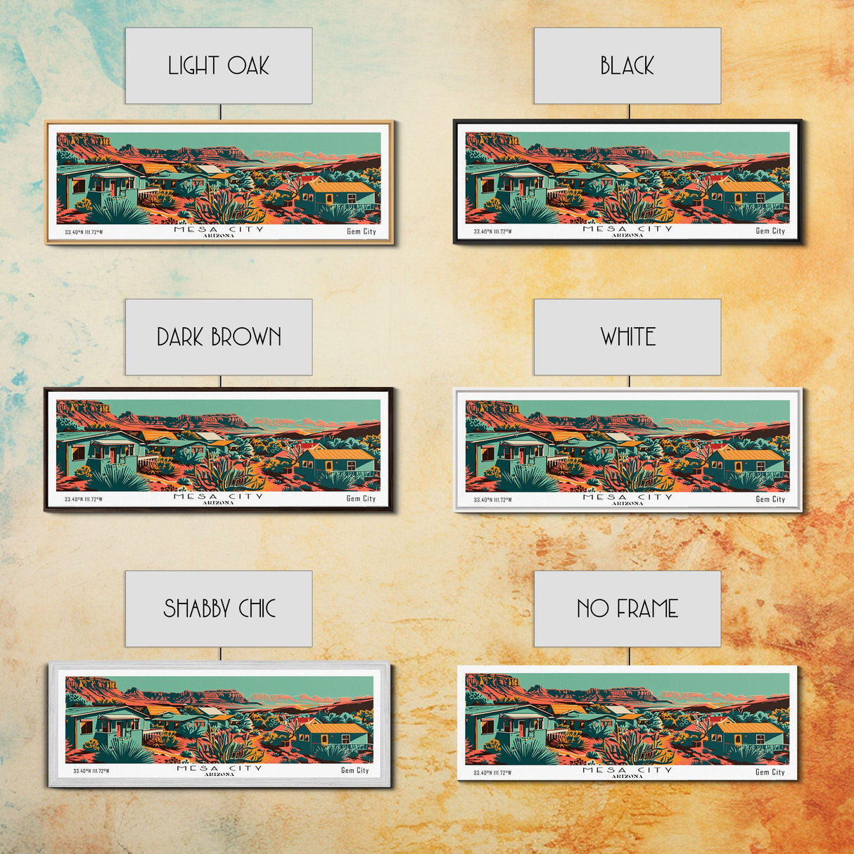 Mesa Arizona Panoramic Travel Poster Framed Canvas Print, Mid Century Modern Art, Pop Art Style, Wall Art, Home Decor, Office Wall Art