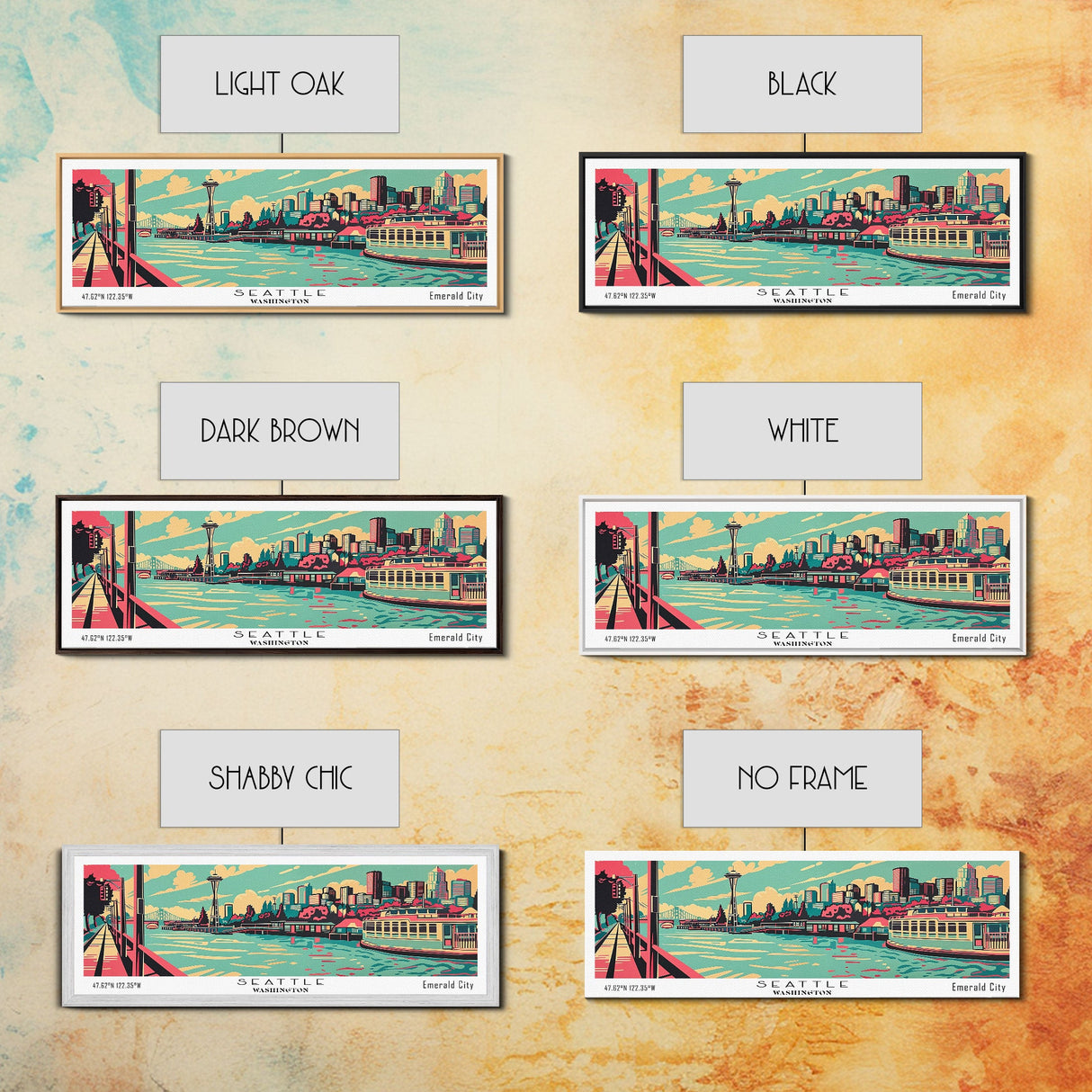 Seattle Washington Panoramic Painting Framed Canvas Print, Travel Poster, Mid Century Modern Art, Pop Art Style, Wall Decor, Home Decor