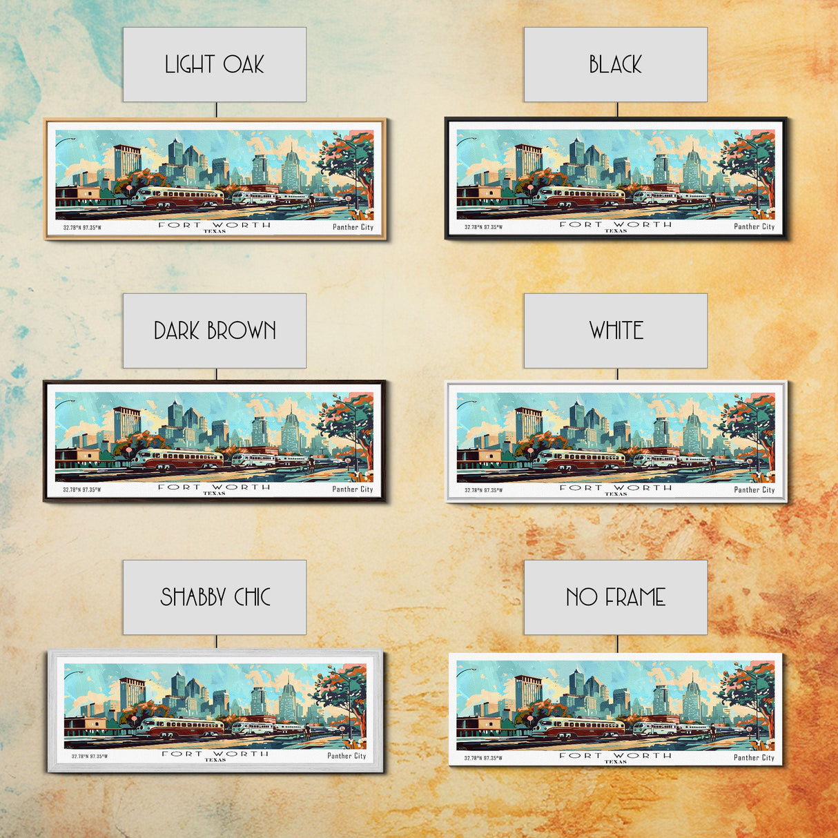 Fort Worth Texas Panoramic Wall Art, Mid Century Modern Framed Canvas Print, Retro Pop Art Travel Poster, Office Art, Living Room Decor