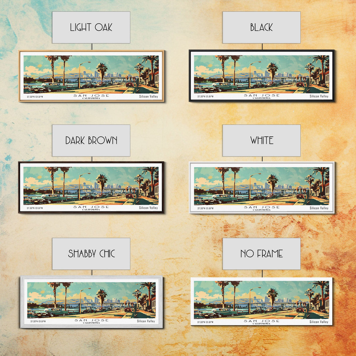 San Jose California Panoramic Wall Art, Mid Century Modern Framed Canvas Print, Retro Pop Art Travel Poster, Living Room and Office Decor