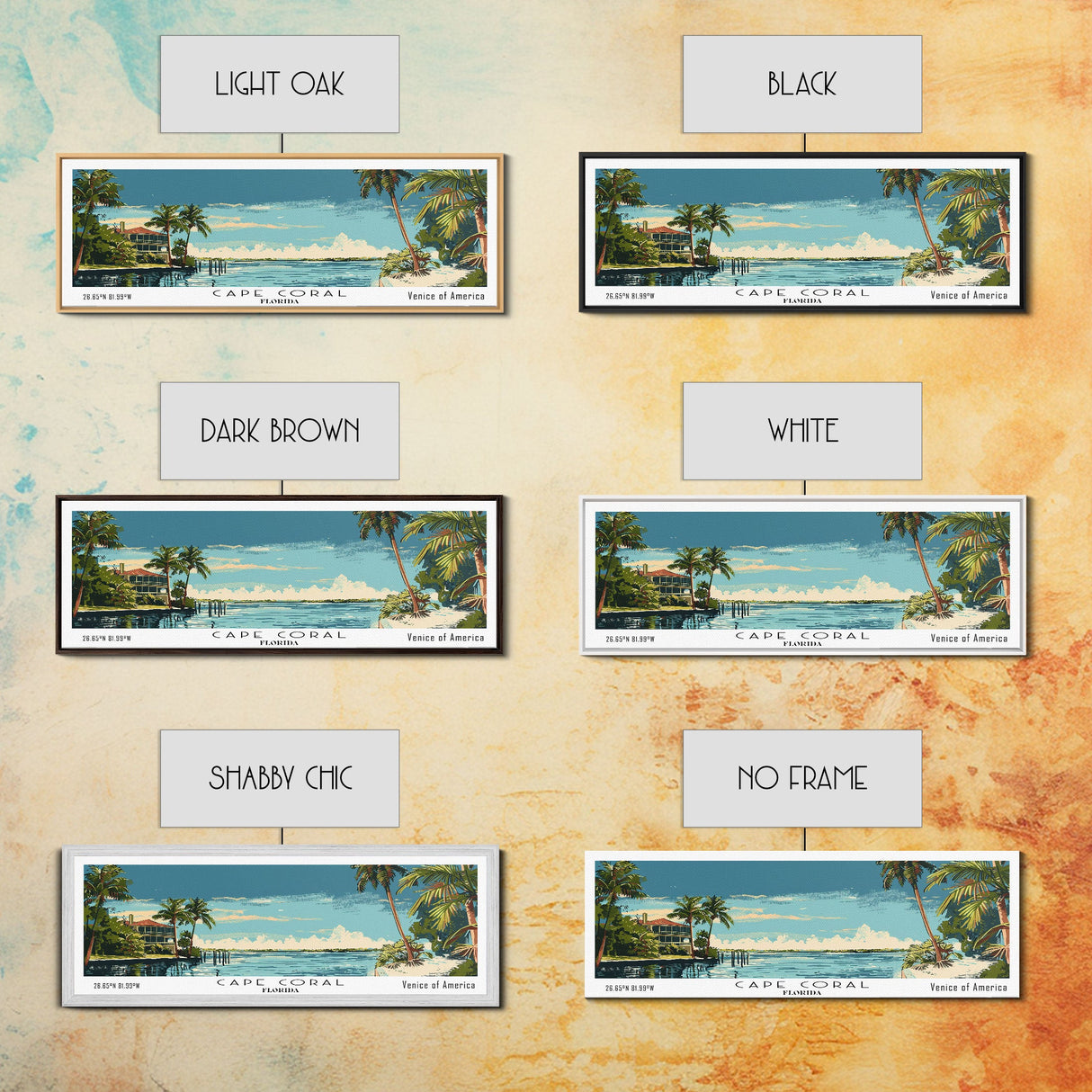 Cape Coral Florida Panoramic Painting, Mid Century Modern Framed Canvas Print, Retro Pop Art Travel Poster, Home Decor, City Print