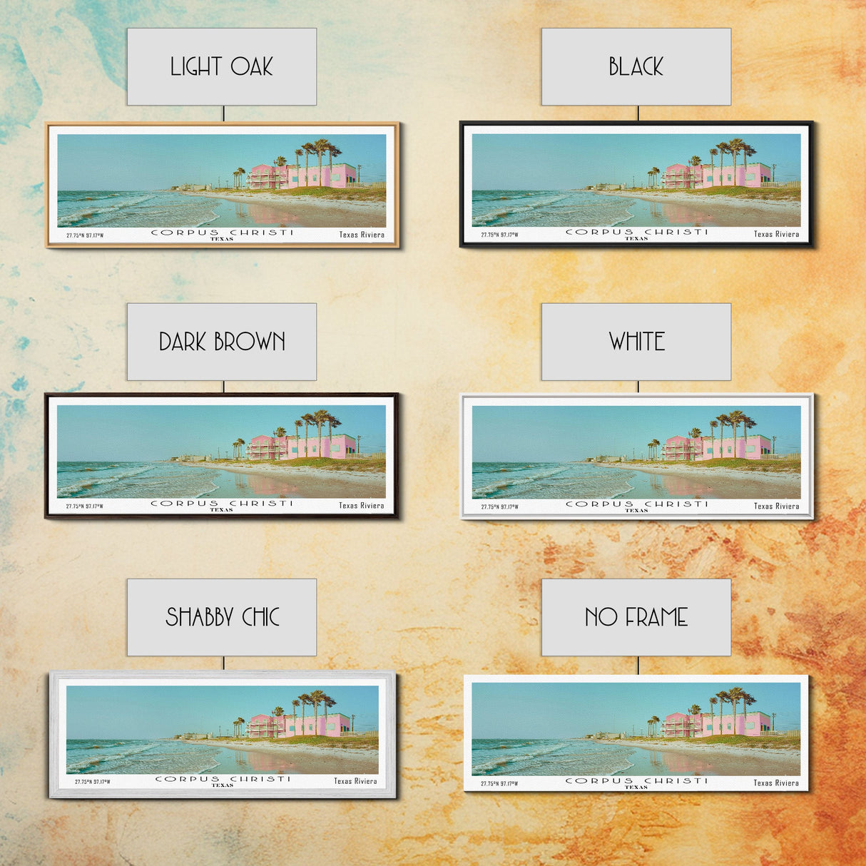 Corpus Christi Texas Panoramic Painting, Mid Century Modern Framed Canvas Print, Retro Pop Art Travel Poster, City Home Decor, Office Wall Art
