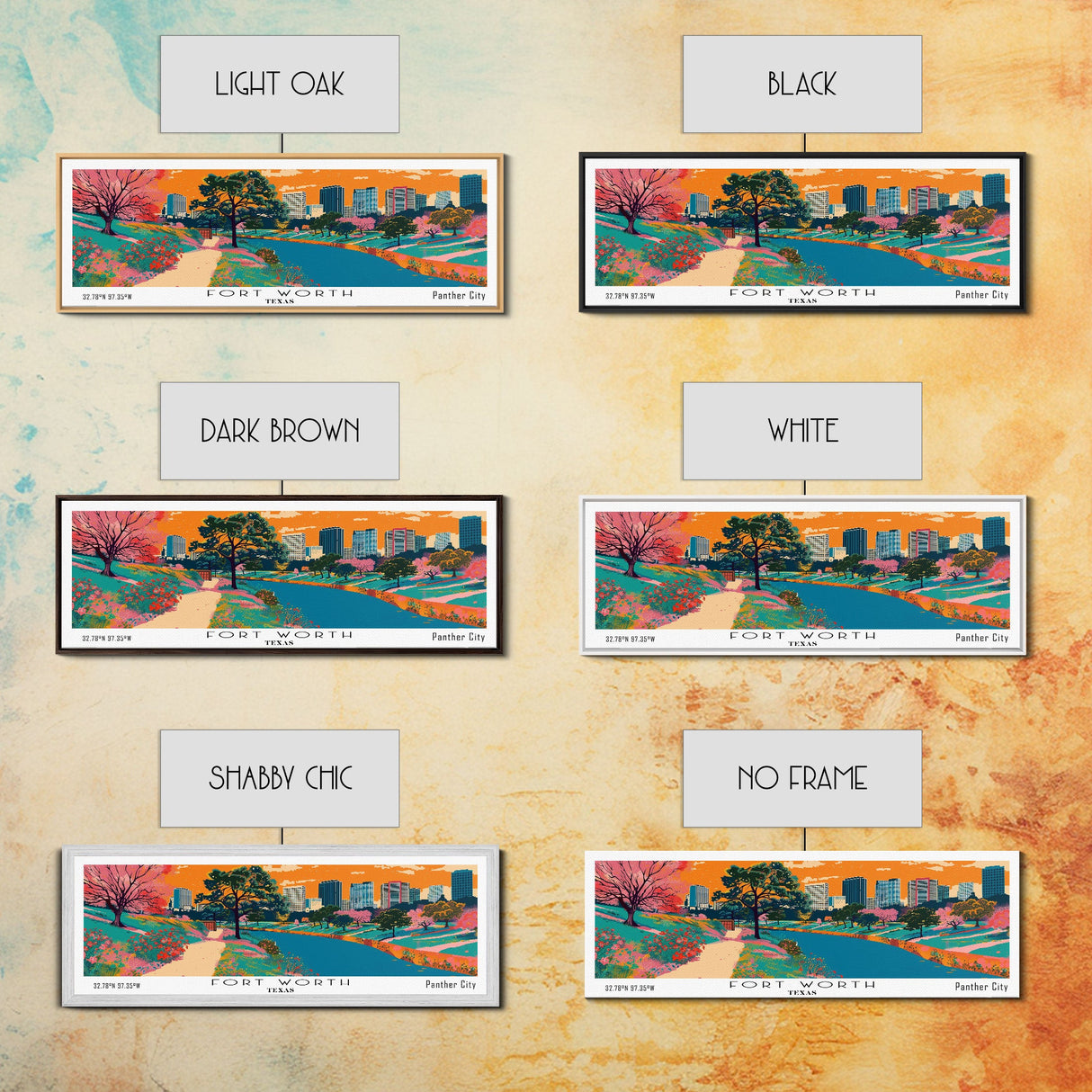 Fort Worth Texas Panoramic Painting, Mid Century Modern Framed Canvas Print, Retro Pop Art Travel Poster, Office Wall Decor