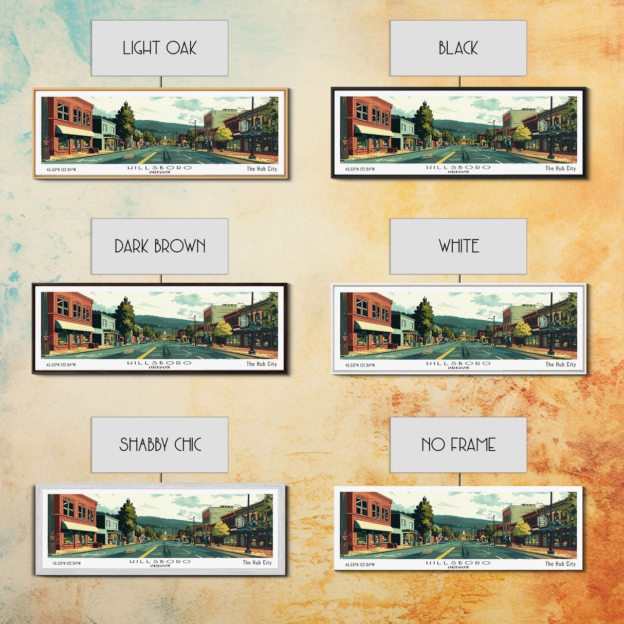 Hillsboro Oregon Panoramic Painting, Mid Century Modern Framed Canvas Print, Retro Pop Art Travel Poster, Office Wall Decor