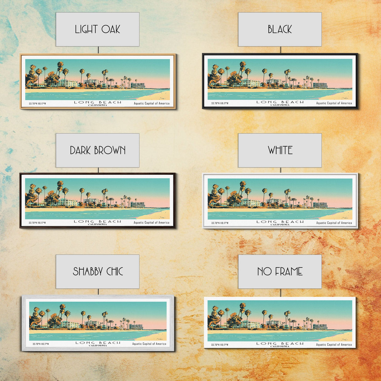 Long Beach California Panoramic Painting, Mid Century Modern Framed Canvas Print, Retro Pop Art Travel Poster, Office Decor