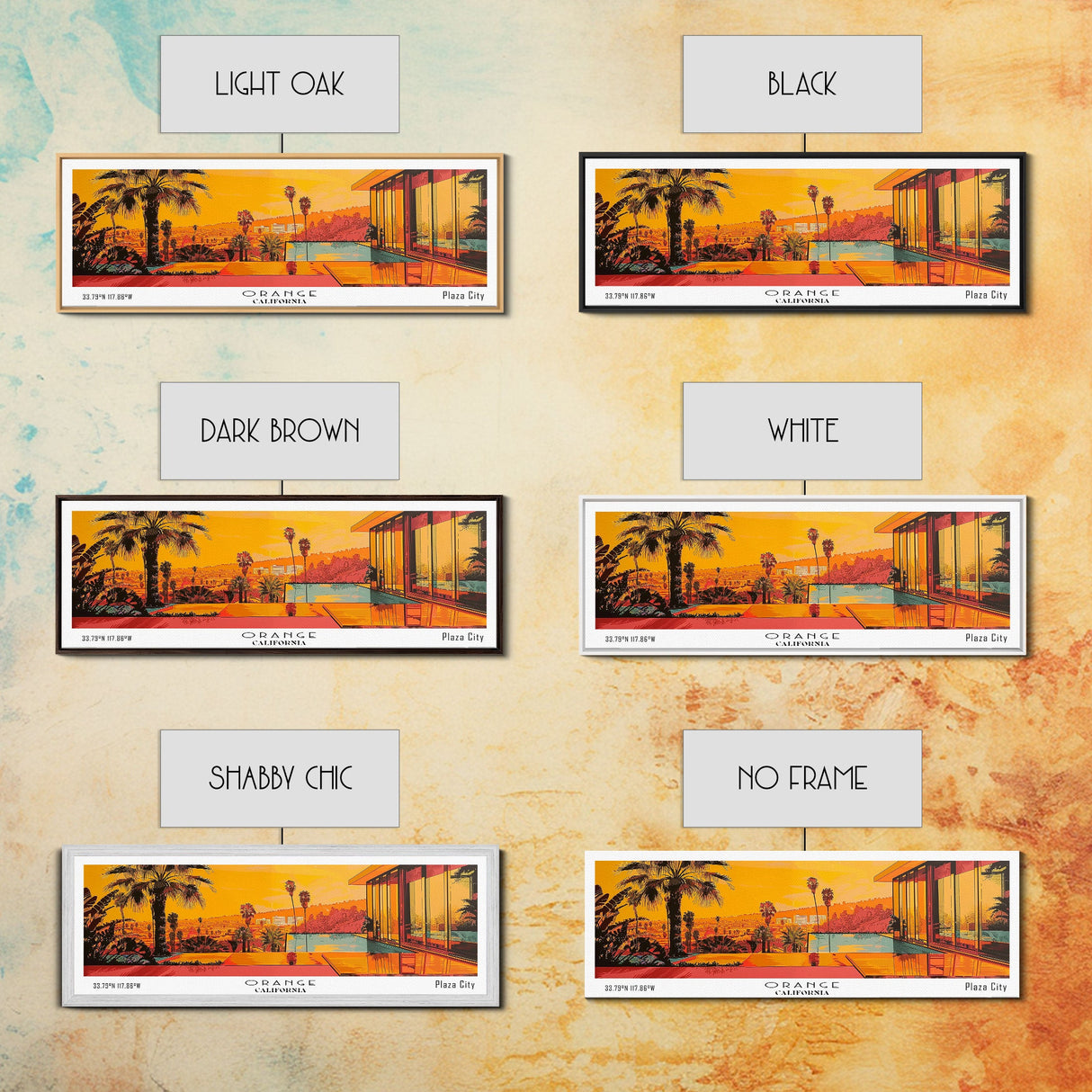 Orange California Panoramic Painting, Mid Century Modern Framed Canvas Print, Retro Pop Art Travel Poster, City Art, Office Wall Decor, Living Room Art