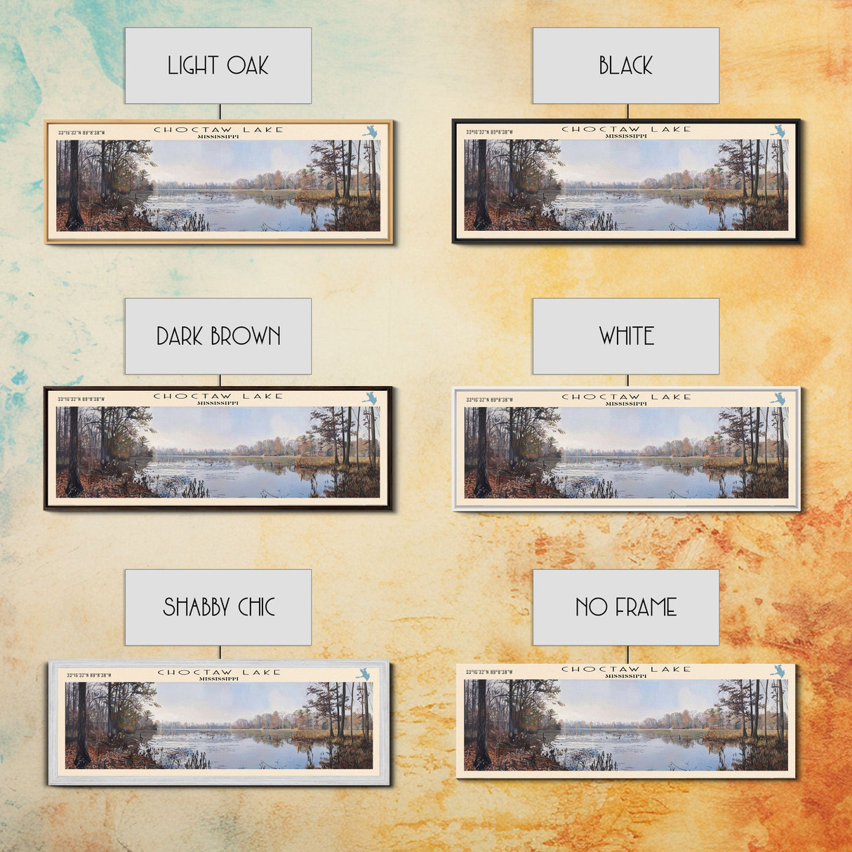 Choctaw Lake Mississippi Framed Canvas Print, Lake House Art, Panoramic Wide Wall Art, Travel Poster, Rustic Lake Painting, Home Decor