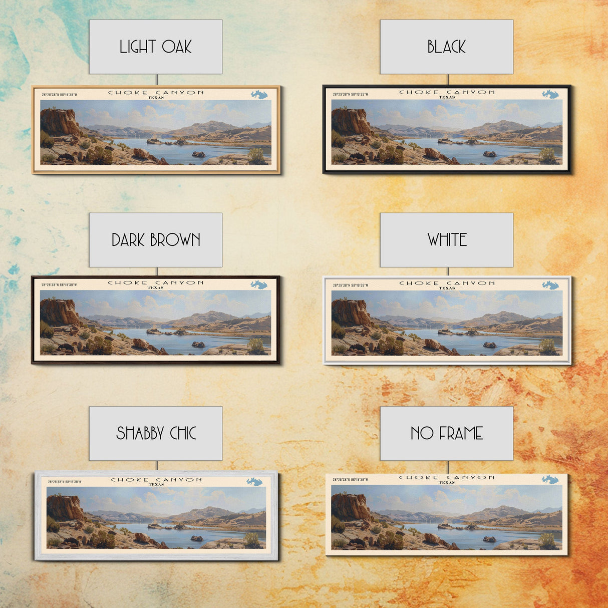 Choke Canyon Reservoir Framed Canvas Print, Panoramic Lake House Decor, Wide Wall Art, Travel Poster, Modern Lake Painting, Nature Art