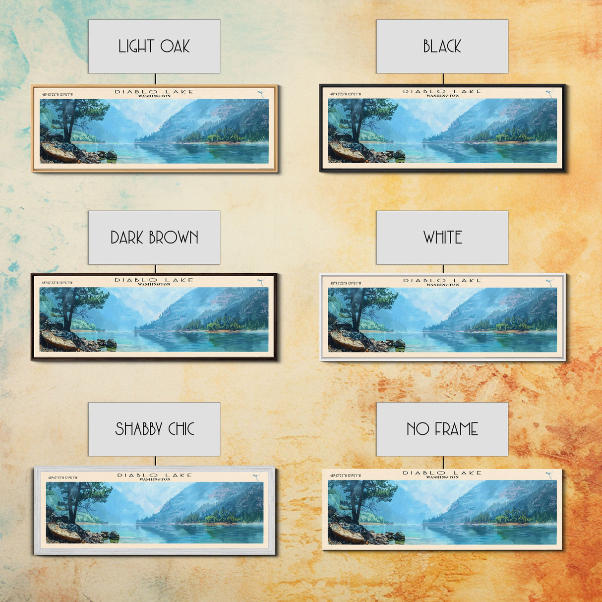 Diablo Lake Washington Framed Canvas Print, Lake House Art, Panoramic Wall Art, Travel Poster, Minimalist Lake Painting, Home Decor