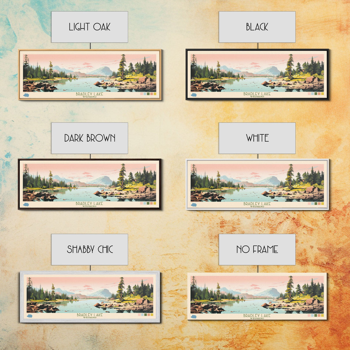 Bradley Lake Wyoming Framed Canvas Print, Midcentury Modern Panoramic Wall Art, Living Room Decor, Pop Art, Travel Poster Art