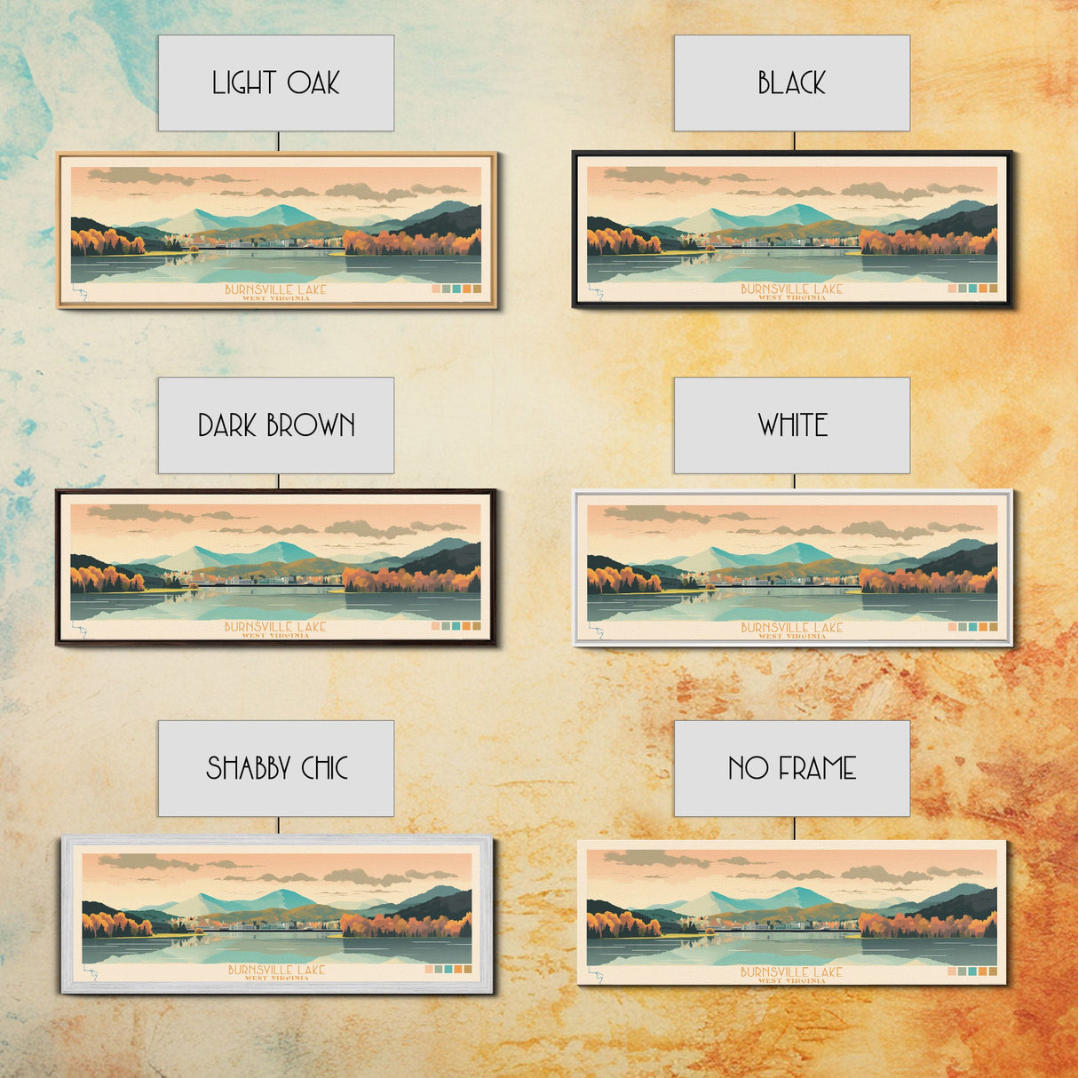 Burnsville Lake West Virginia Framed Canvas Print, Midcentury Modern Panoramic Wall Art, Living Room Decor, Pop Art, Travel Poster Art, Scenic Nature Painting