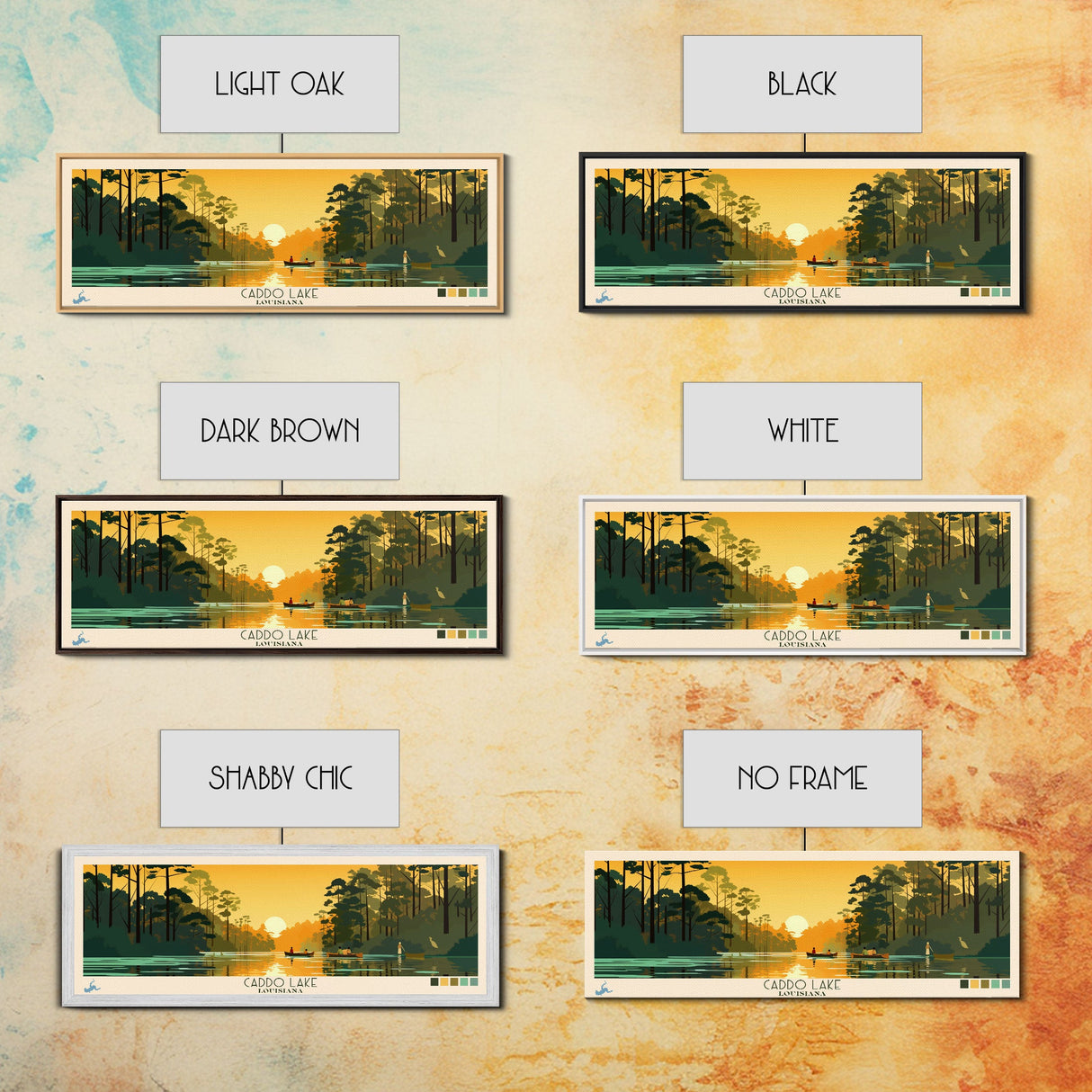 Caddo Lake Louisiana Framed Canvas Print, Pop Art Panoramic Travel Poster, Midcentury Modern, Wall Art, Scenic Nature Painting, Bedroom Decor