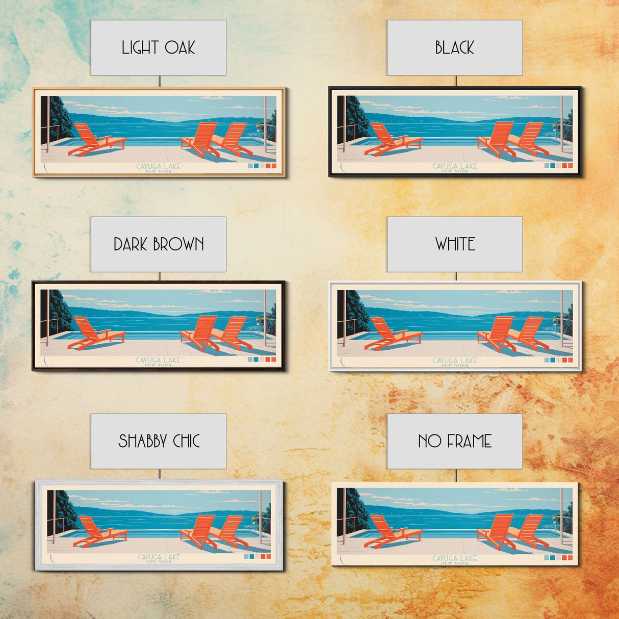 Cayuga Lake New York Framed Canvas Print, Pop Art Panoramic Travel Poster, Midcentury Modern, Wall Art, Scenic Nature Painting, Bedroom Decor, Living Room Art