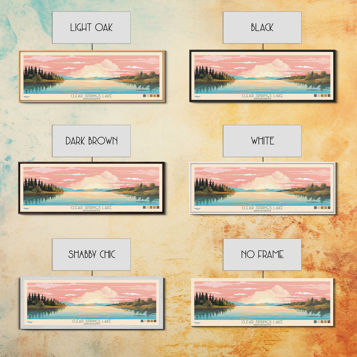 Clear Springs Lake Mississippi Framed Canvas Print, Pop Art Panoramic Travel Poster, Midcentury Modern, Wall Art, Scenic Nature Painting, Bedroom Decor, Living Room Art