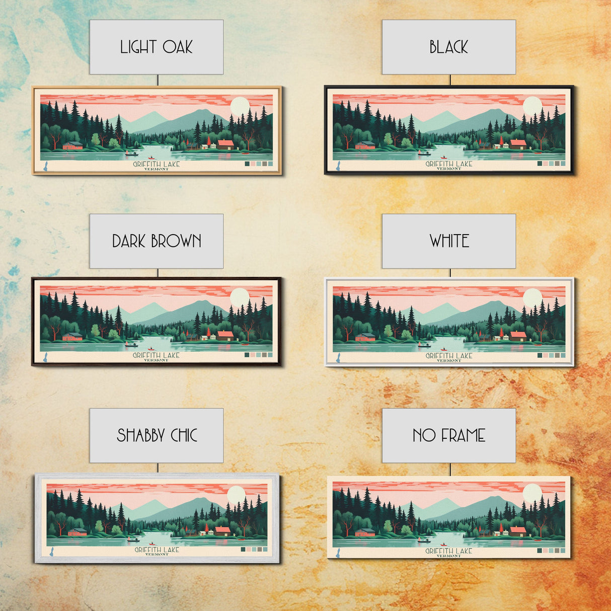 Griffith Lake Vermont2 Framed Canvas Print, Panoramic Art, Midcentury Modern, Pop Art, Bedroom Decor, Travel Poster, Artistic Decor, Home Decor