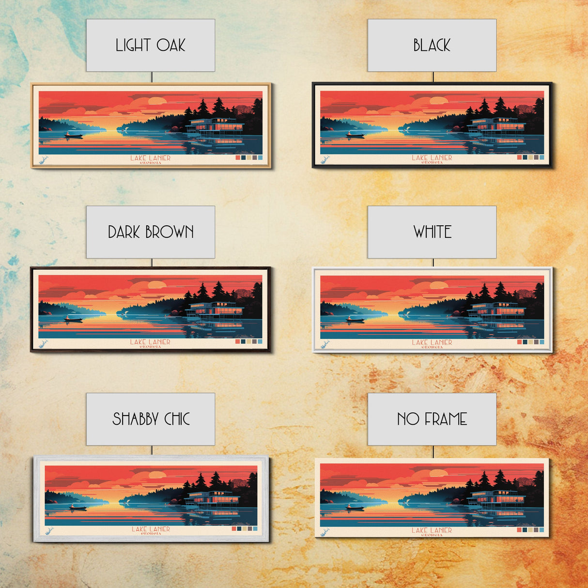 Lake Lanier Georgia Framed Canvas Print, Panoramic Wall Art, Midcentury Modern, Pop Art, Lake House Decor, Travel Poster, Bedroom Art