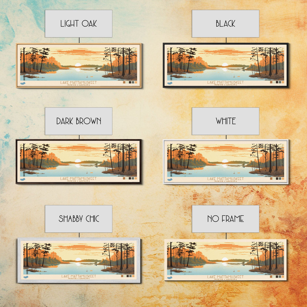 Lake Mattamuskeet North Carolina Framed Canvas Print, Panoramic Wall Art, Midcentury Modern, Pop Art, Bedroom Art, Travel Poster, Lake House Decor