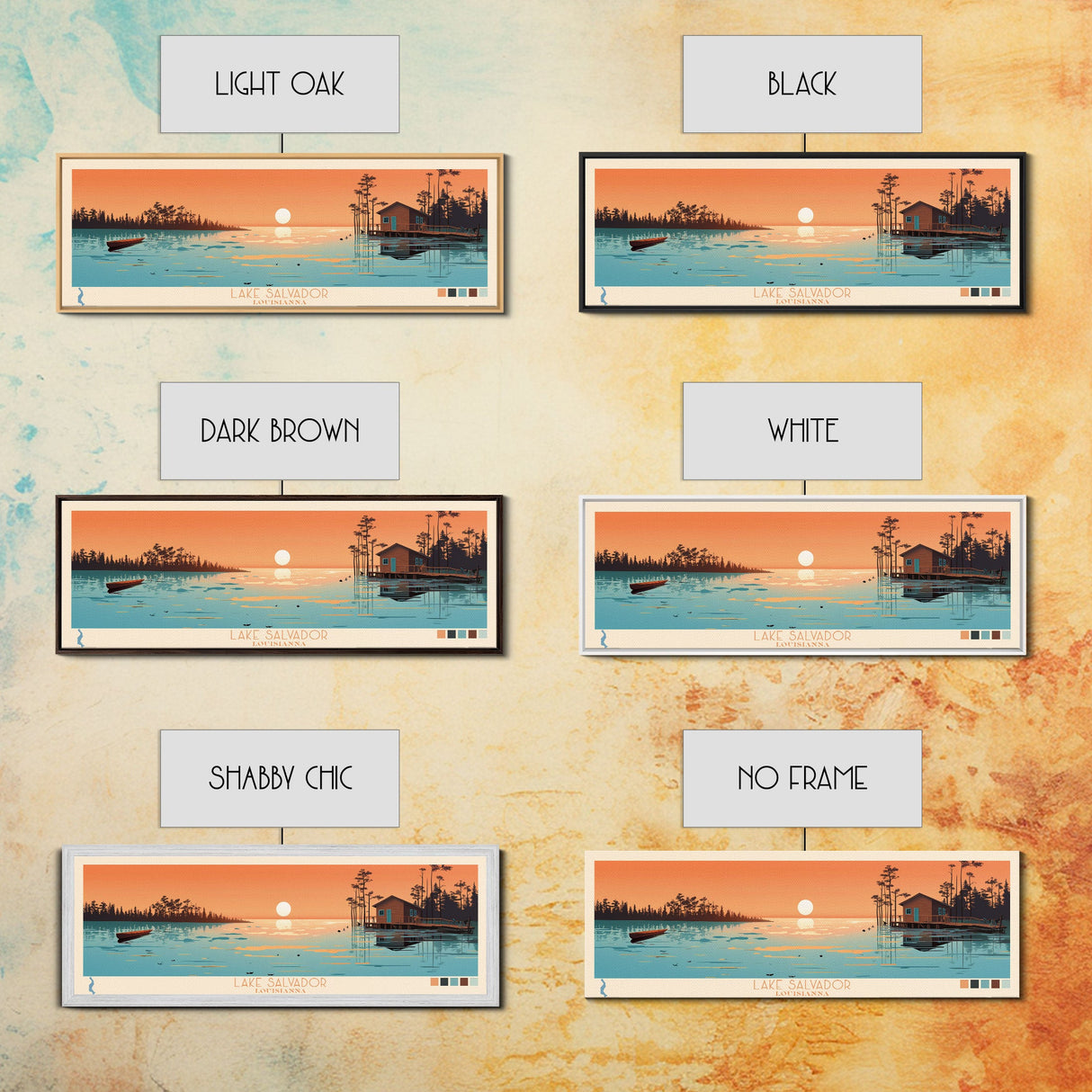 Lake Salvador Louisiana Framed Canvas Print, Panoramic Wall Art, Midcentury Modern, Pop Art, Bedroom Art, Travel Poster, Lake House Decor