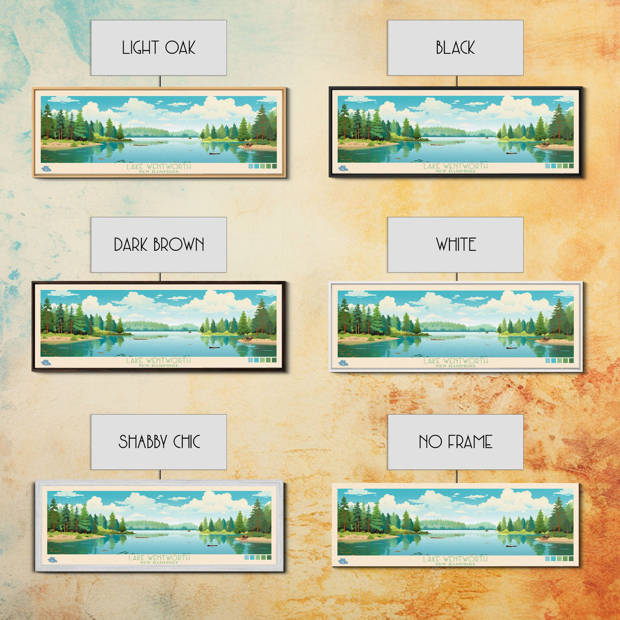 Lake Wentworth, New Hampshire Panoramic Wall Art Framed Canvas Print, Midcentury Modern, Pop Art, Home Decor, Travel Poster, Living Room Art