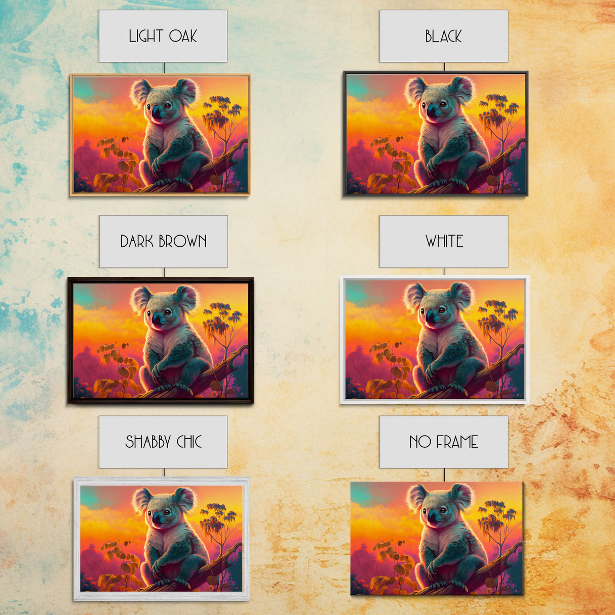 Cute Koala bear at sunset, vaporwave animal art, framed canvas print, framed wall art, ready to hang, synthwave art