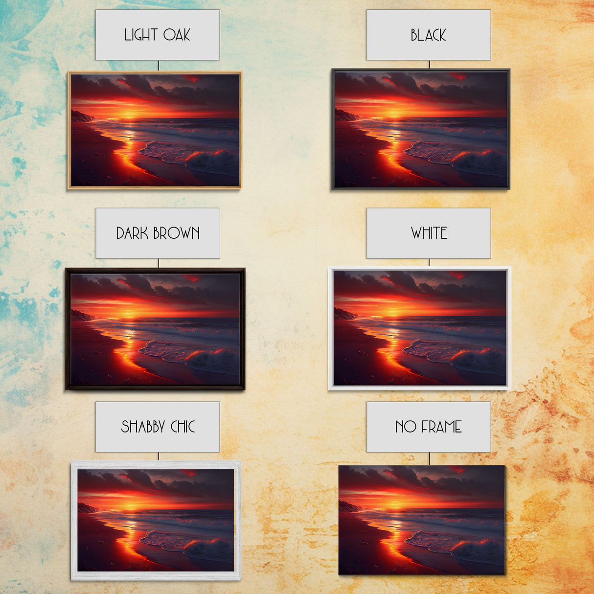 High tide slowly rolling in at sunset, beautiful beach art, framed canvas print