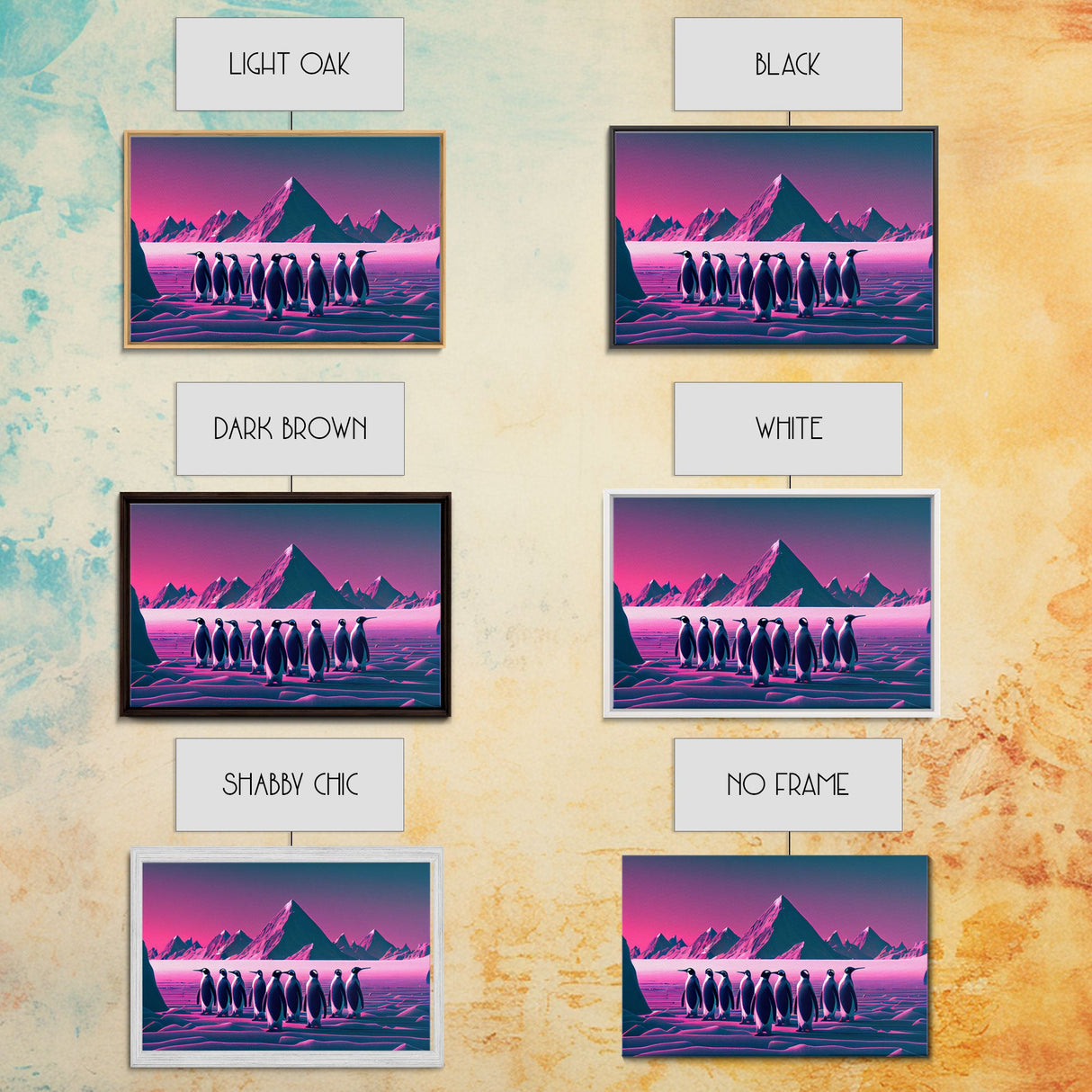 Penguins on the nice, cute animal prints, framed canvas print, synthwave / vaporwave art
